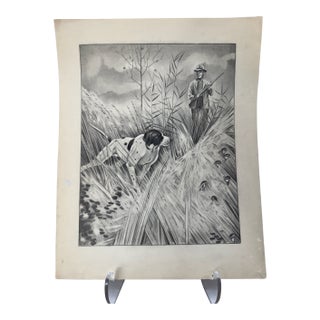 1940s Original Signed Graphite Illustration of Bird Dog, Hunter and Quail in Tall Grass, 13.25 × 10.5 In. For Sale