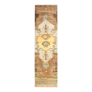 1970s Vintage Turkish Hand-Knotted Wool Cotton Brown Runner Rug For Sale