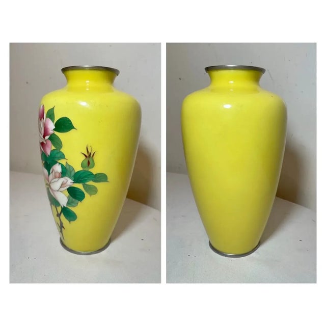 Antique Signed Japanese Ando Handmade Yellow Enamel Silver Floral Cloisonné Vase For Sale - Image 12 of 12