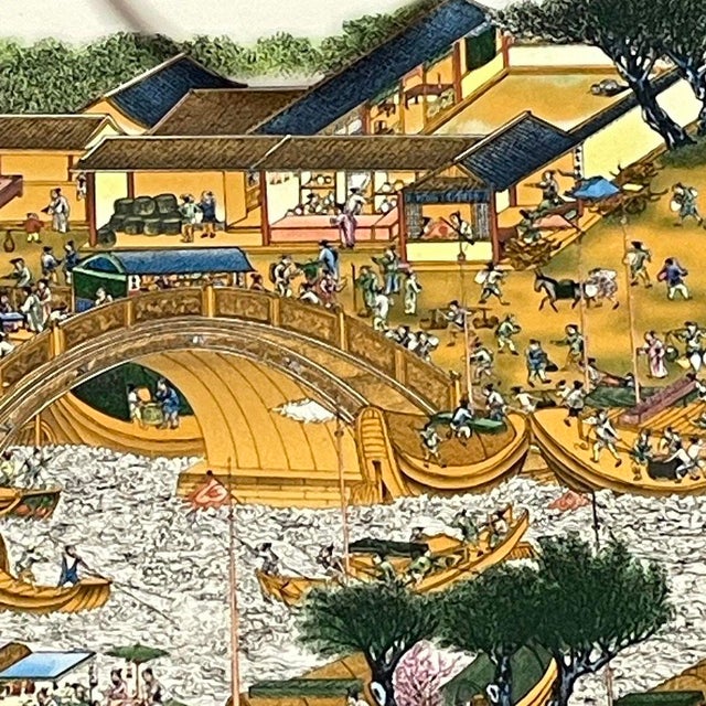 Brown Chinese Porcelain Plaque "Along the River During the Qingming Festival" in Wood Frame For Sale - Image 8 of 9