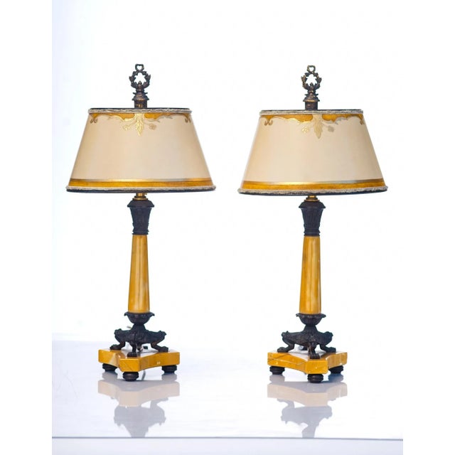 1900's French Empire Sienna Marble and Bronze Candle Lamps - a Pair For Sale - Image 4 of 4