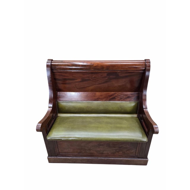Vintage Colonial Revival Mahogany Storage Bench With Olive Green Seat For Sale - Image 9 of 9