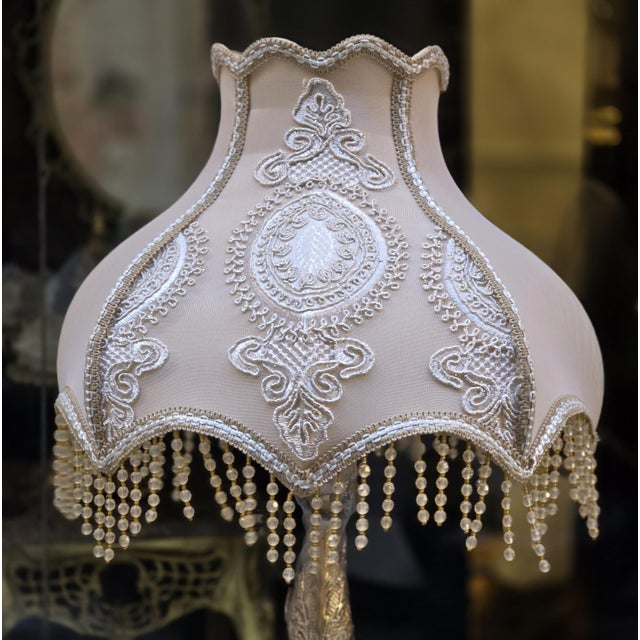 French French-Style Gilded Floor Lamp – Ornate Gold Leaf Stand With Embroidered Fabric Shade & Crystal Fringe For Sale - Image 3 of 3