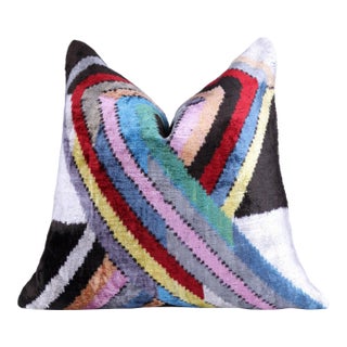 Colorful Zigzag Ikat Pillow – 16x16” Silk Velvet | Handmade Luxe For Sale