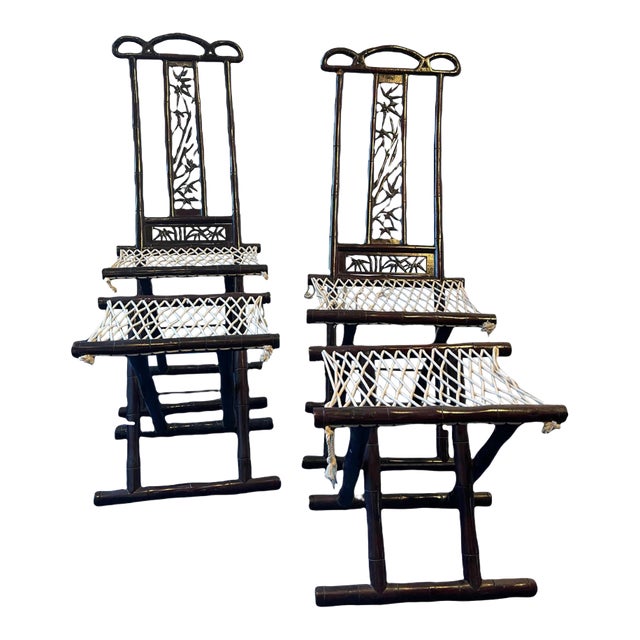 Antique Hand-Crafted Asian Bamboo Folding Chairs With Stools- 4 Pieces For Sale