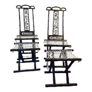 Antique Hand-Crafted Asian Bamboo Folding Chairs With Stools- 4 Pieces
