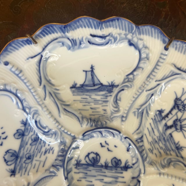 French Vintage Weimar German Delft Style Blue and White Porcelain Oyster Plate For Sale - Image 3 of 5