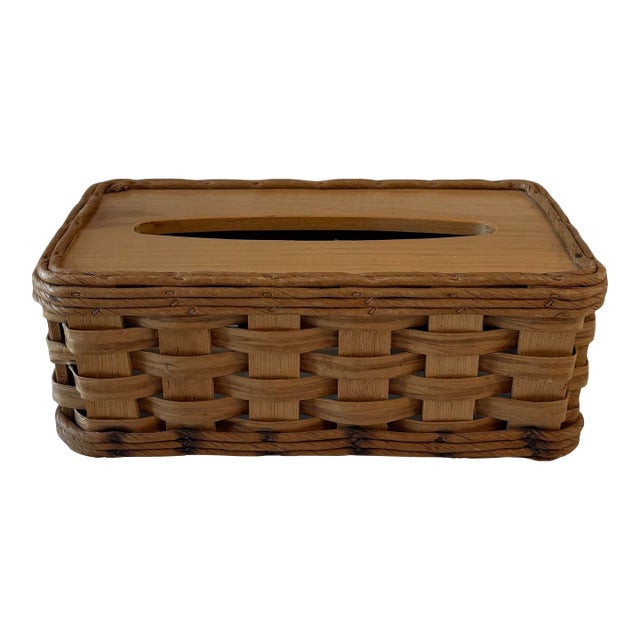 Vintage Woven Splint Wood Tissue Box Cover For Sale