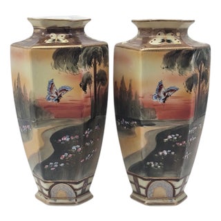 Pair Antique Nippon Imperial Mark Hand Painted Landscape Vases Moriage Gilt Porcelain 9.5” For Sale