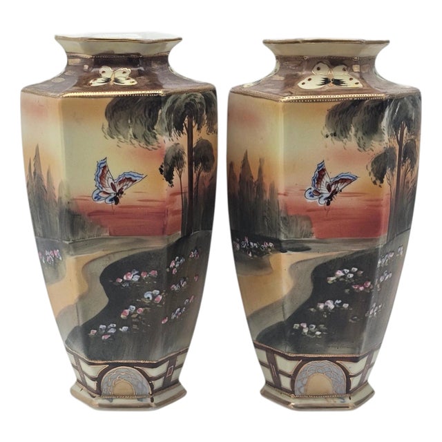 Pair Antique Nippon Imperial Mark Hand Painted Landscape Vases Moriage Gilt Porcelain 9.5” For Sale