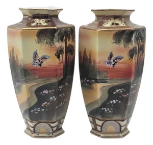 Pair Antique Nippon Imperial Mark Hand Painted Landscape Vases Moriage Gilt Porcelain 9.5”