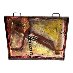 Purvis Young “Burning Man” Monumental Outsider Painting on Found Steel Tray