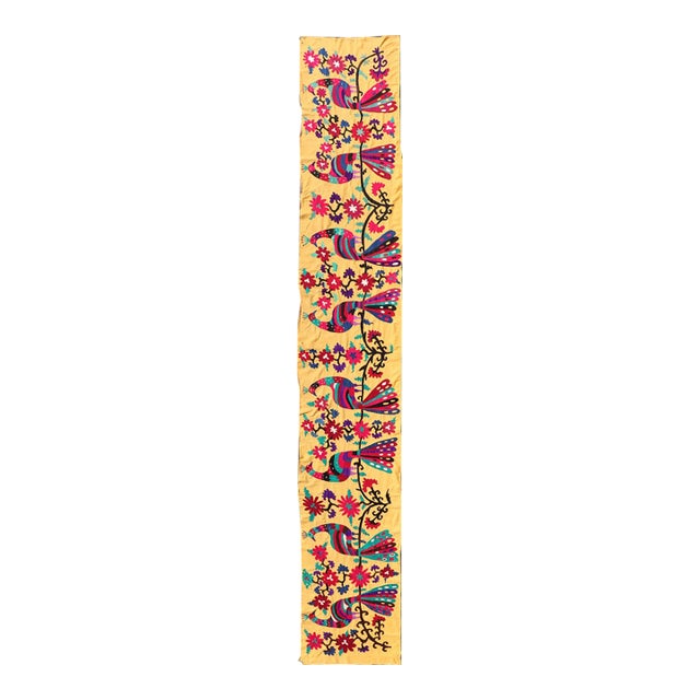 Antique Uzbekistan Suzani Runner With Colorful Peacock and Botanical Design For Sale