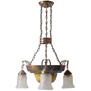 Danish Art Nouveau Chandelier in Brass, Copper and Ceramic, 1910s For Sale