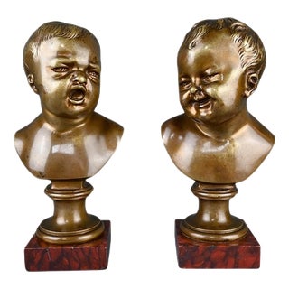 After Houdon, Laughing John & Crying John Sculptures, 1890s, Bronze For Sale