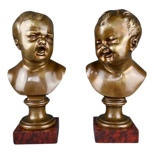 After Houdon, Laughing John & Crying John Sculptures, 1890s, Bronze For Sale