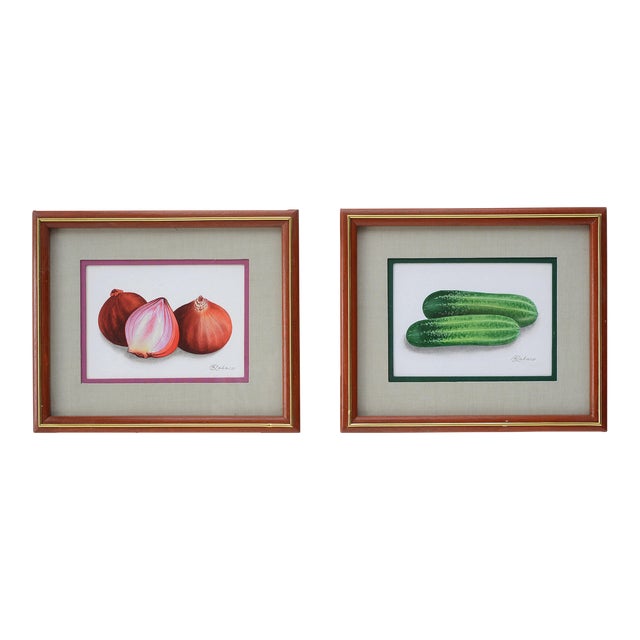 Vintage Small Watercolor Cucumbers Onions Still Life Paintings - a Pair For Sale
