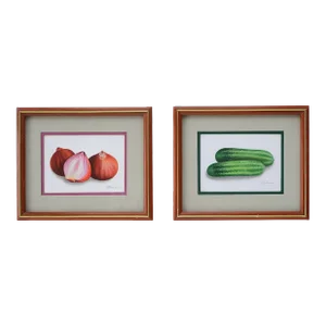 Vintage Small Watercolor Cucumbers Onions Still Life Paintings - a Pair