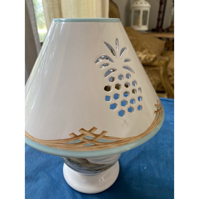 Ivory Vintage Lenox British Colonial Scenic Candle Lamp Featuring a Pierced Pineapple Shade and a Hand-Painted Tropical Coastal Scene on the Base For Sale - Image 8 of 9