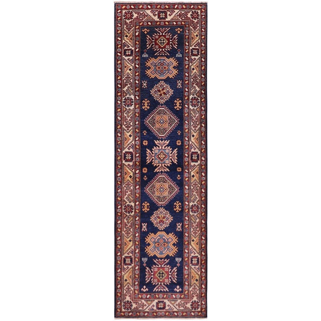 Tribal Super Kazak Blue/Beige Wool Runner Rug- 2'9'' X 9'8'' For Sale - Image 10 of 10