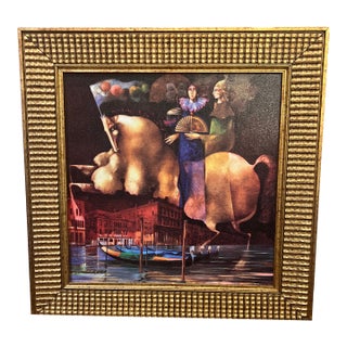 20 Th Century Oil on Board Surrealistic Image by Spanish Artist Josep Baques Signed Framed For Sale