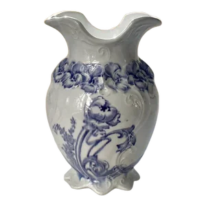 Early 1900's Off White Pottery Vase With Lavender Pansies