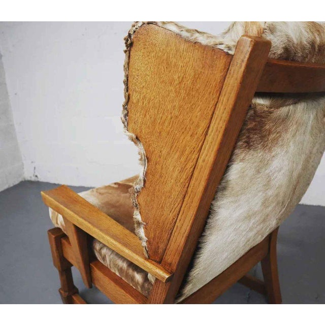 Set of Brutalist Oak Lounge Chair and Ottoman with Upholstery in Goat Hide For Sale - Image 9 of 15
