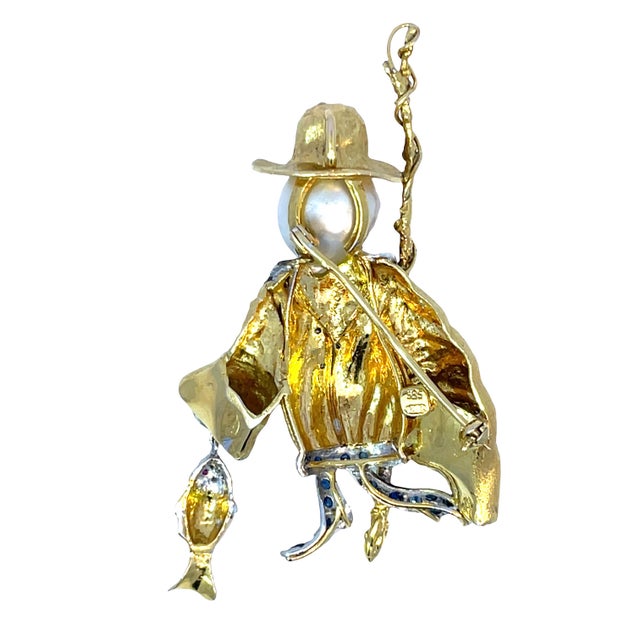 14k Two-Tone Gold Fisherman Brooch With Baroque Pearl, Diamond, Sapphire & Ruby For Sale In New York - Image 6 of 9
