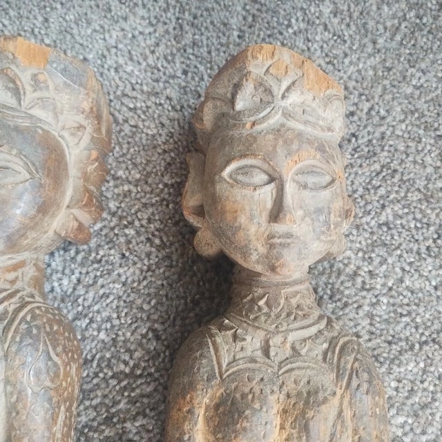 Pair, Vintage Antique Hand-Carved Wood Female Figures Temple Statue Sculpture 15" For Sale - Image 14 of 15