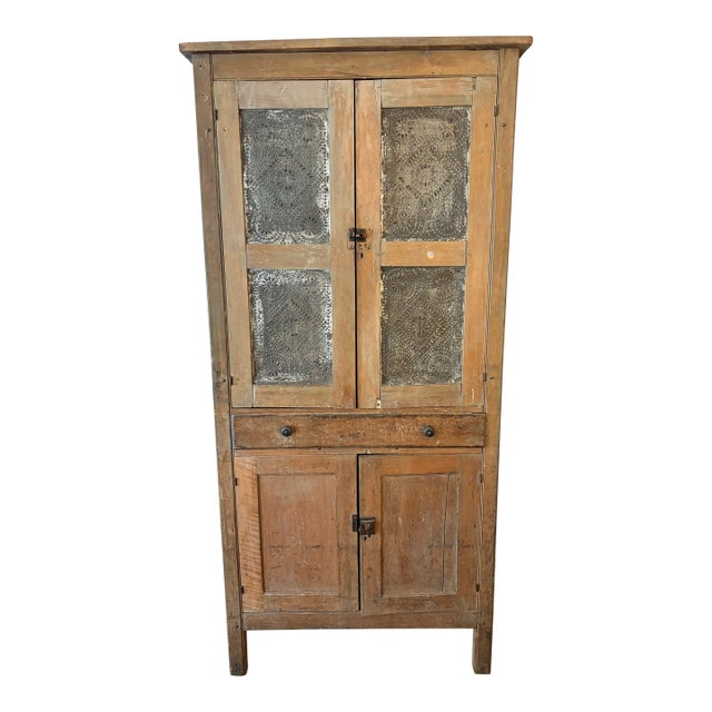 Antique Distressed Pine Pie Safe Hutch For Sale