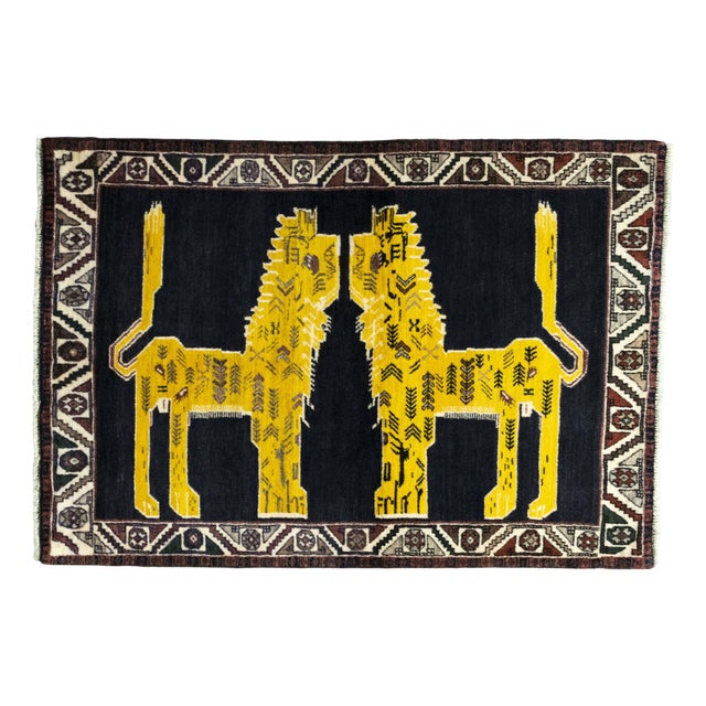 Hand-Knotted Gabbeh Rug with Lion Motif For Sale