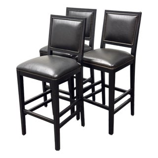 Buying & Design Italian Black Leather Barstools, Set of Three For Sale