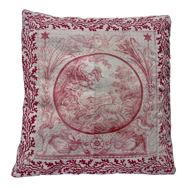 Antique Toile De Jouy Aesop’s Fable "The Rooster and the Fox” Throw Pillow - For Sale