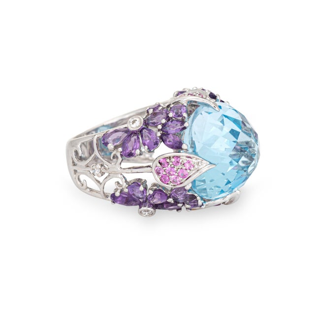 Contemporary Blue Topaz Amethyst Cocktail Ring Sz 7 18k White Gold Flowers Vines Fine Jewelry For Sale - Image 3 of 7
