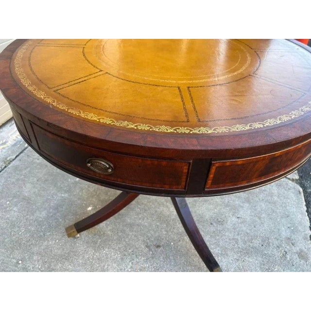 English Antique Federal Style Flame Mahogany Leather Top Drum Table. For Sale - Image 3 of 11