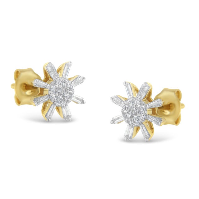 Contemporary 10k Yellow Gold Round and Baguette Diamond Stud Earring (0.50 cttw, H-I Color, I2-I3 Clarity) For Sale - Image 3 of 6