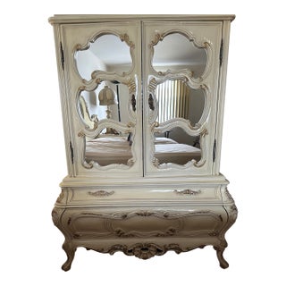 1960s French Provincial Solid Wood Mirrored Armoire For Sale