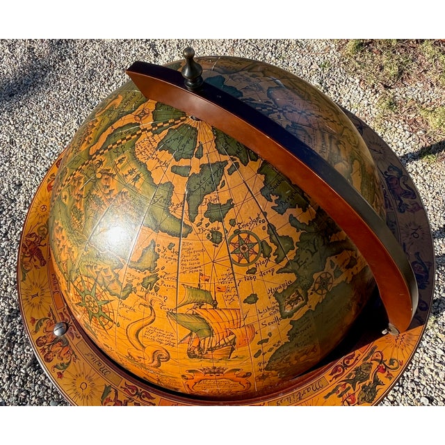 World Globe Bar Cart 16th Century Map Replica & Zodiac Holds Bottles, Glasses Concealed For Sale - Image 4 of 8