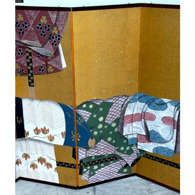 Japanese Six-Panel Byōbu/ Screen Depicting Kimonos and Obi Draped on an Ikō Rac For Sale - Image 4 of 18