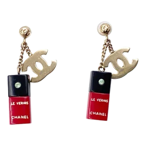 Chanel Vintage Rare Gold CC Red Nail Polish Piercing Earrings - 2 Pieces