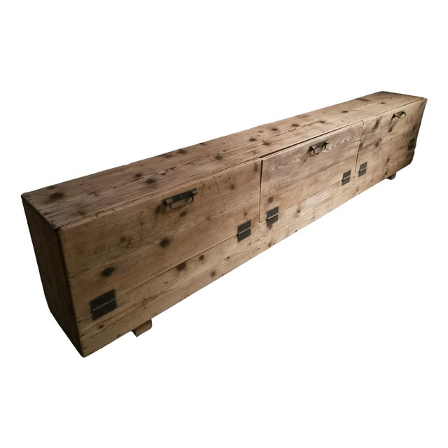 Antique French Industrial Pine Storage Bench, 1890s For Sale