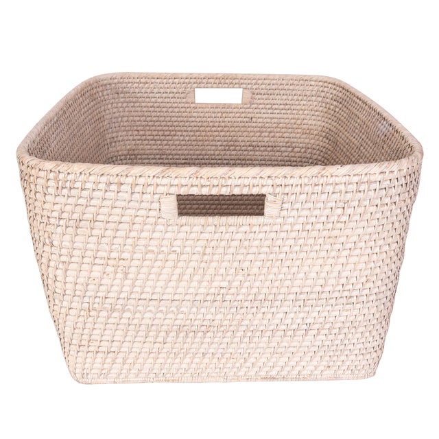 Boho Chic Artifacts Saboga Home Family Basket with Cutout Handle in White Wash For Sale - Image 3 of 8