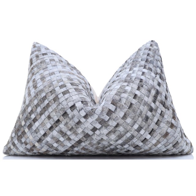 Textile Luxury Gray & White Woven Cowhide Leather Throw Pillow 16x24 | Handmade Designer Lumbar Cushion For Sale - Image 7 of 8