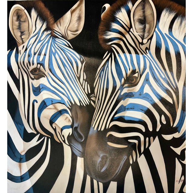 Contemporary Zebra Original Painting in Blue and Black – By P Charles, 36 X 36", Unstretched For Sale - Image 4 of 6