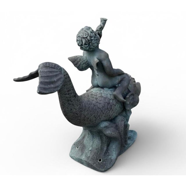 Traditional 1970s Large Classical Verdigris Bronze Cherub & Dolphin Fountain For Sale - Image 3 of 7
