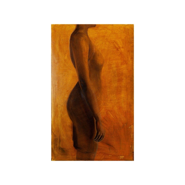 About the painting: this artwork captures the elegant form of a nude figure in profile, set against a textured, warm ochre...