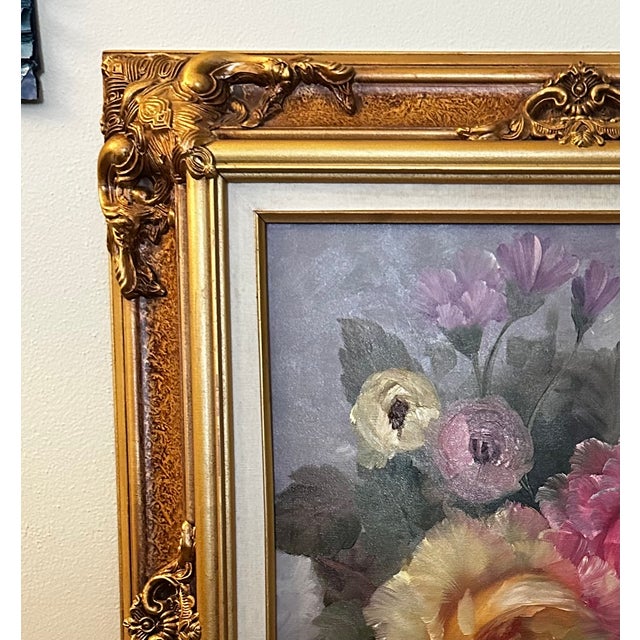 Late 20th Century Peonies on Canvas in a Fancy Gold Frame For Sale - Image 4 of 6