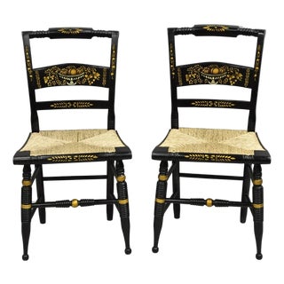 Mid 20th Century Vintage Nichols & Stone Hitchcock Harvest Stencil Painted Black Side Chair Pair For Sale