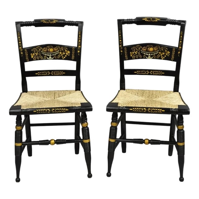Mid 20th Century Vintage Nichols & Stone Hitchcock Harvest Stencil Painted Black Side Chair Pair For Sale