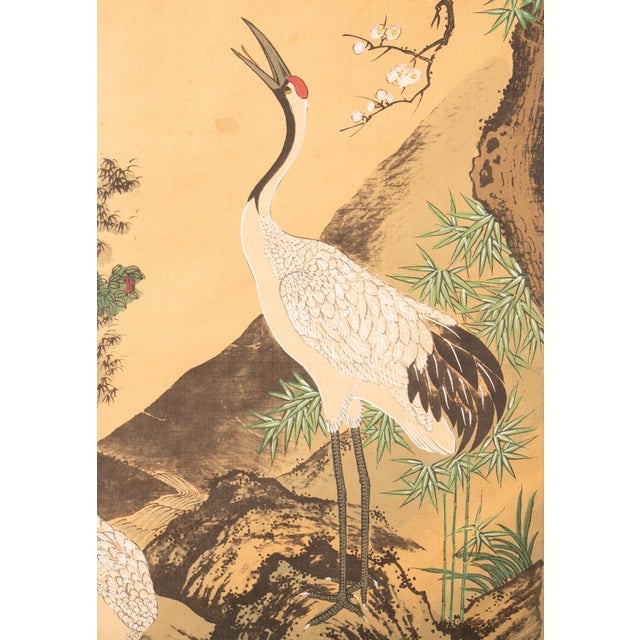 Wood Showa Era Japanese Painted Silk Scroll "Two Cranes and Pine Tree", Circa 1930-1950s For Sale - Image 7 of 12